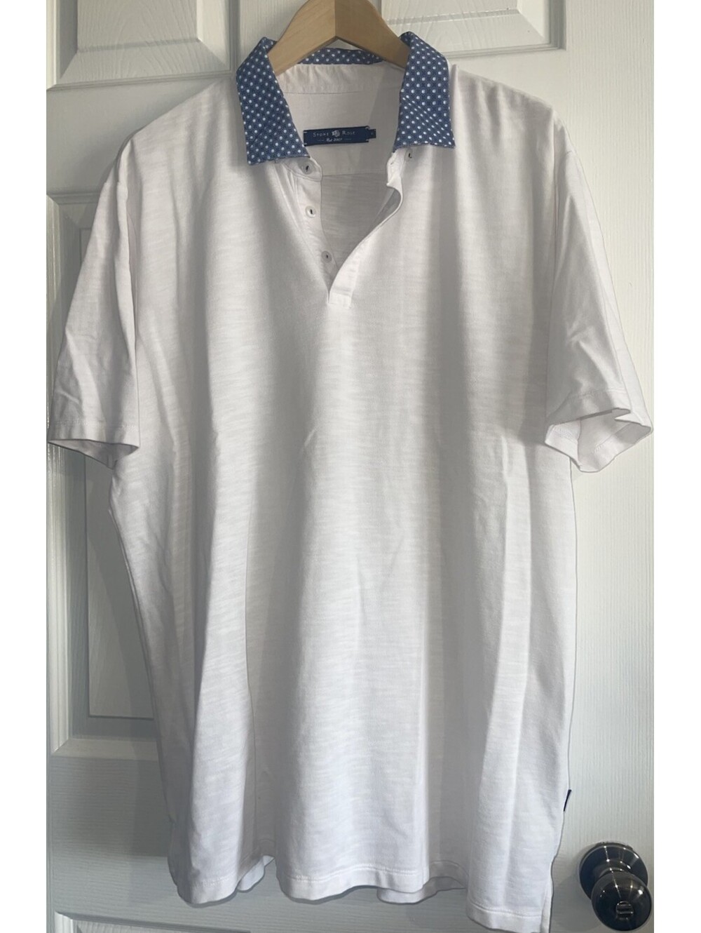 Stone Rose Men’s S Polo White Blue Print Collar Short Sleeves Buttons AMF8171